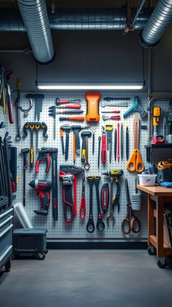 A well-organized tool wall with various tools and bright overhead lighting.