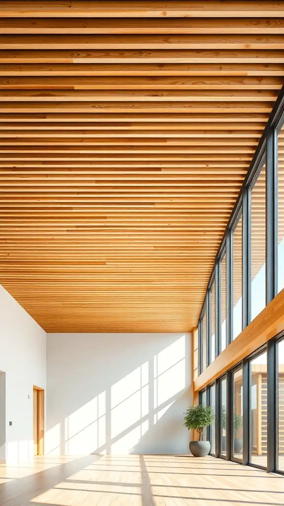 Interior view of a room with a wooden slat ceiling and large windows