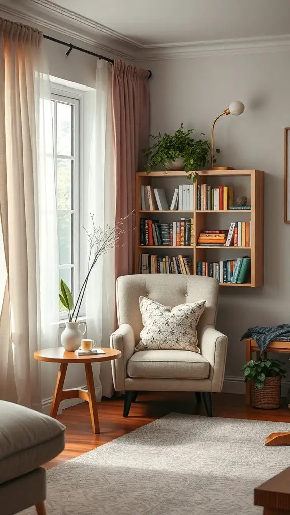 A cozy reading nook with a comfortable armchair, a small table with a cup of tea, and a bookshelf filled with books.