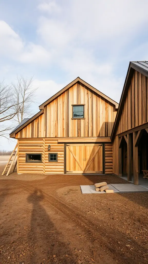 19+ Charming Barndominium Ideas for Cozy Living 16 A wooden barndominium with a rustic design, showcasing sustainable building materials.