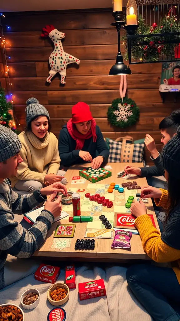 21+ Fun Winter Birthday Party Ideas for All Ages 14 A cozy indoor game night with friends enjoying snacks and playing board games during winter.