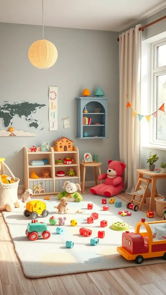 21+ Creative Kids Room Interior Design Ideas for Every Style 13 A bright and playful kids room with toys scattered on the floor, a cozy rug, and a cheerful atmosphere.