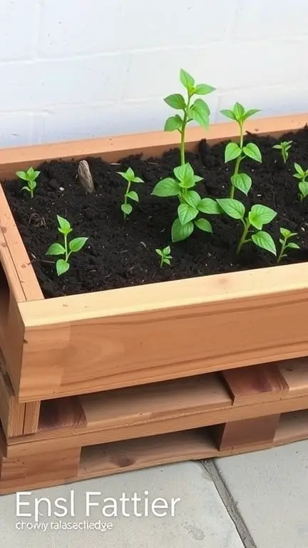 21+ Creative Pallet Garden Ideas You Need to Try 4 A wooden pallet planter box filled with green plants and soil.