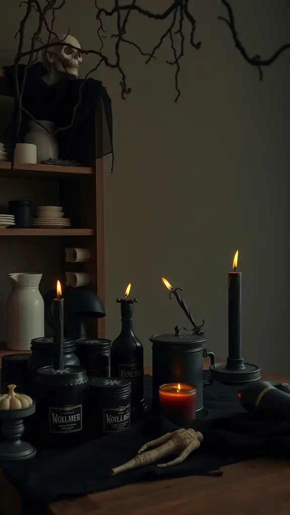 21+ Spooky and Creative Halloween Crafts for Adults 14 A spooky candle making setup with various candles, a skeleton, and dark decorations.