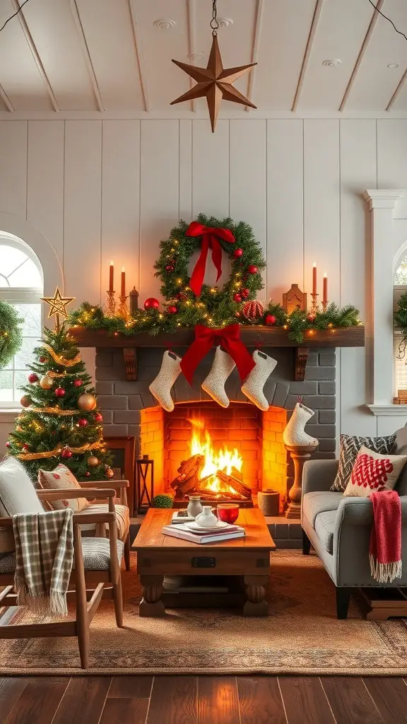 27+ Rustic Farmhouse Christmas Decor Ideas You’ll Love 10 Cozy living room decorated for Christmas with a fireplace, stockings, and a Christmas tree