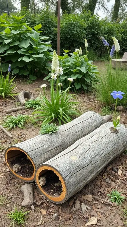 17+ Creative Mini Garden Ideas for Small Spaces 17 Two hollowed logs used as planters in a garden, surrounded by green plants and flowers.