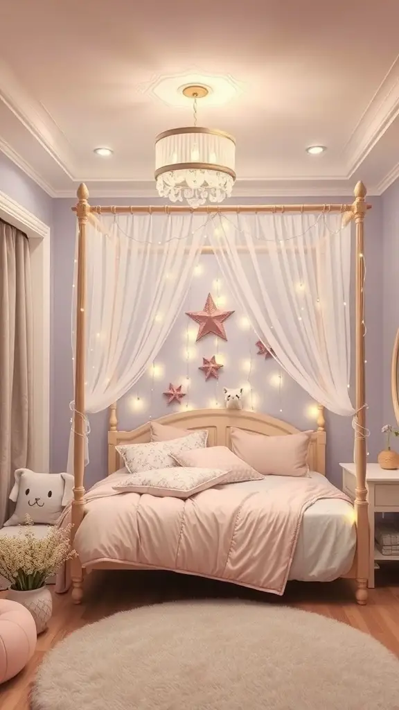 21+ Creative Kids Room Interior Design Ideas for Every Style 14 A cozy kids room with a four-poster bed, soft pink bedding, and twinkling lights.