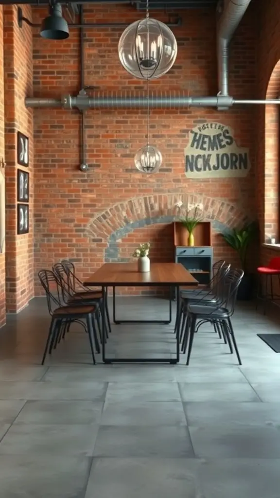 A stylish industrial loft dining area featuring a wooden table, black metal chairs, exposed brick walls, and pendant lighting.