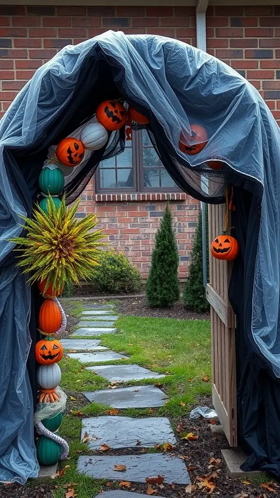 A decorated Halloween archway with pumpkins and bats, set against a snowy background.