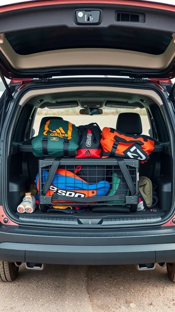 25+ Clever Car Trunk Organization Ideas to Maximize Space 7 A well-organized car trunk featuring a foldable cargo carrier with various bags and items.