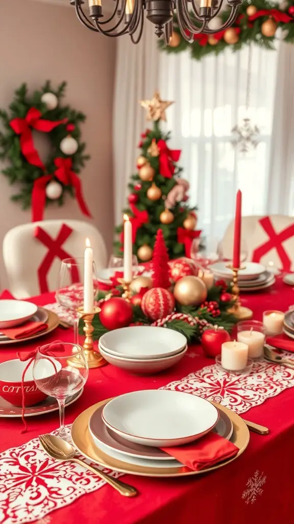 A beautifully decorated red and white Christmas table setting with candles, ornaments, and elegant dishware.