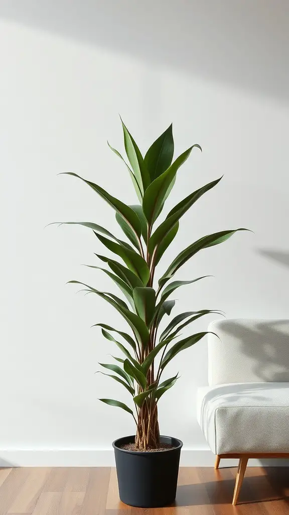 37+ Best Indoor Plants for Low Light Living Spaces 5 A tall Dracaena plant in a black pot next to a white sofa in a bright room.