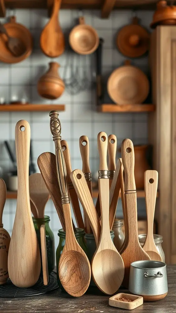 21+ Enchanting Cottagecore Kitchen Ideas to Transform Your Space 14 A collection of handcrafted wooden utensils displayed in a cozy kitchen setting.
