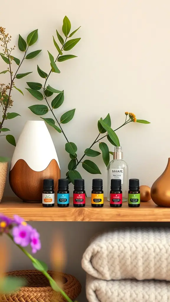 A display of essential oils on a wooden shelf with greenery and decorative items.