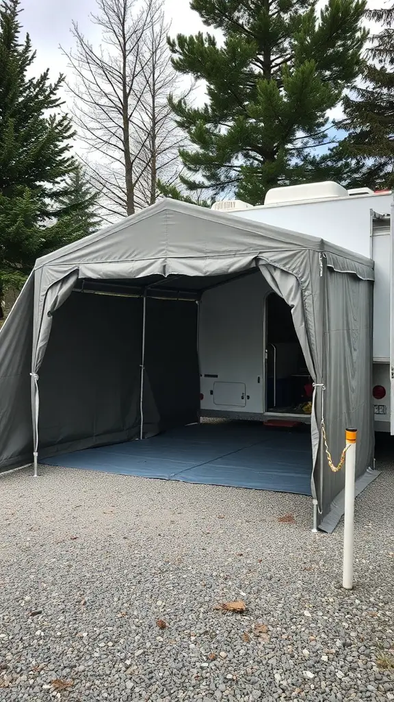 17+ Creative RV Shelter Ideas to Protect Your Home on Wheels 14 A gray portable garage tent set up next to an RV, surrounded by trees.