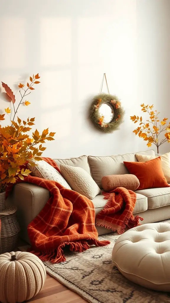 Cozy living room with warm textiles, orange blankets, and autumn decorations.