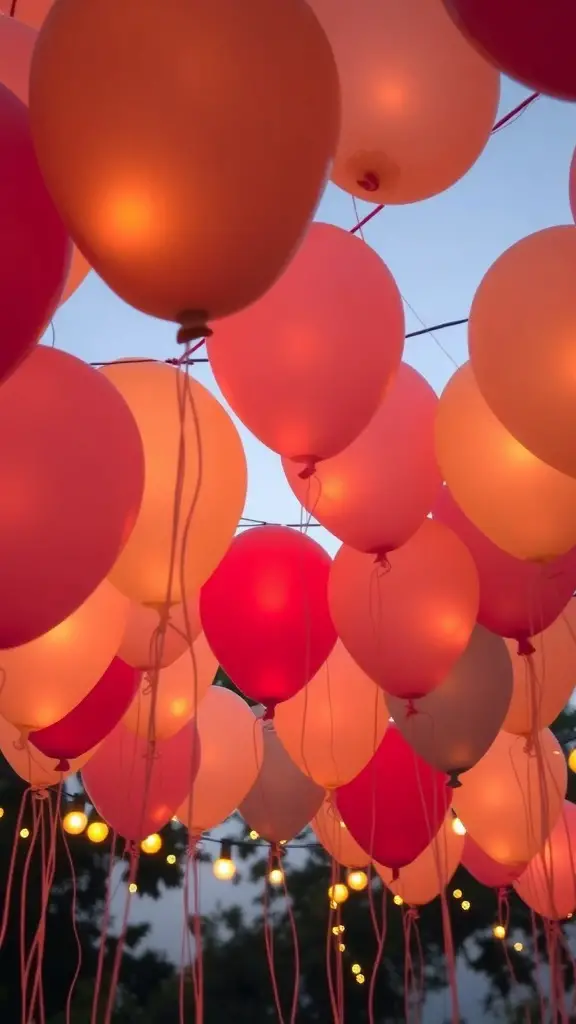 19+ Creative Balloon Decoration Ideas for Your Next Party 16 A colorful display of illuminated balloons in pink and red hues, creating a festive atmosphere for an evening event.