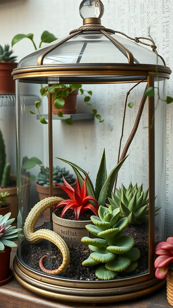 A vintage-style terrarium featuring colorful carnivorous plants and a brass finish.