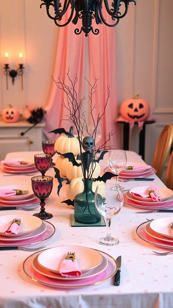23+ Stunning Pink Halloween Decor Ideas for a Unique Celebration 15 Elegant pink Halloween table setting with pumpkins, skeleton, and decorative glassware