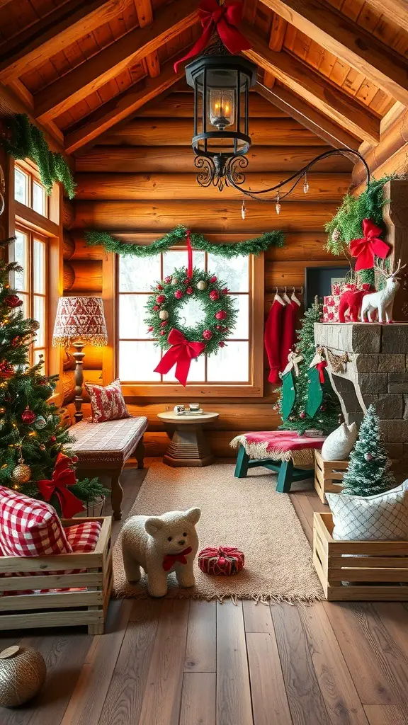 A cozy cabin decorated for Christmas with red and white themes, featuring a wreath, Christmas tree, and plush bear.