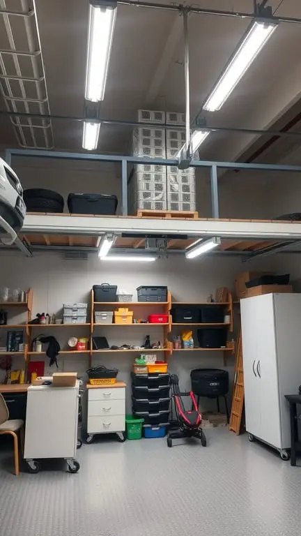 19+ Creative Garage Loft Storage Ideas You Need to Try 12 A well-lit garage loft storage area with organized shelves and boxes.