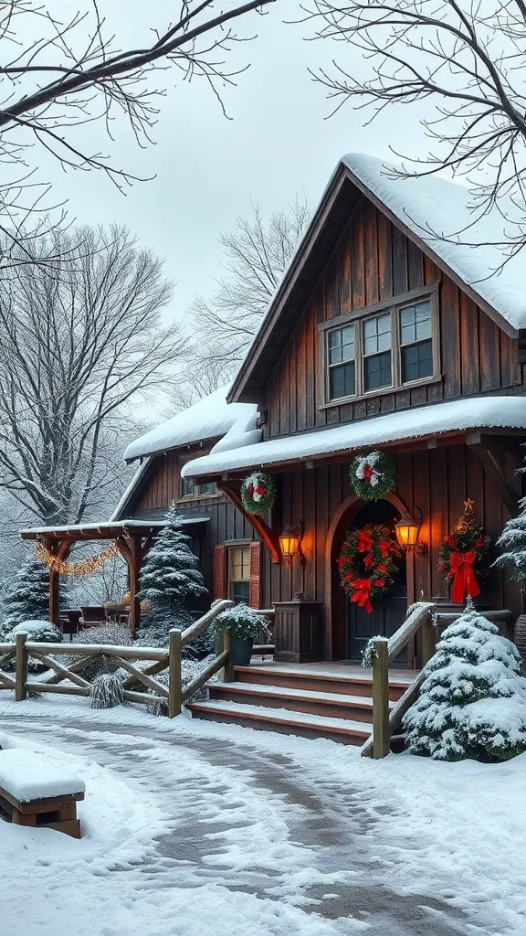 27+ Rustic Farmhouse Christmas Decor Ideas You’ll Love 19 A rustic farmhouse decorated for Christmas, surrounded by snow and evergreen trees.