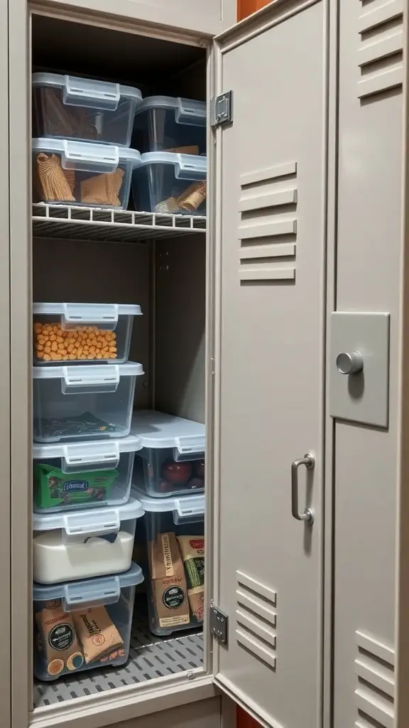 17+ Creative Locker Organization Ideas to Maximize Space 14 Organized locker with clear plastic containers neatly stacked inside.