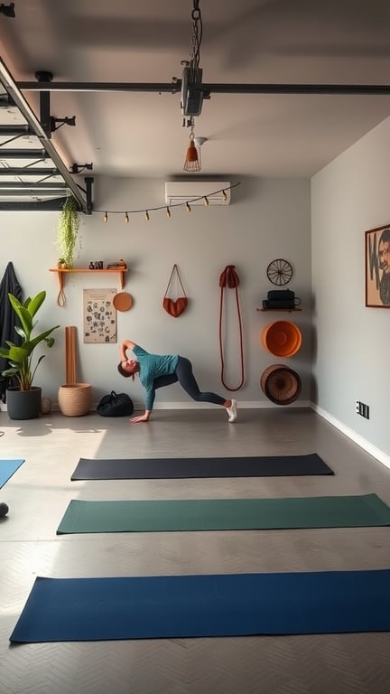 19 Home Gym Ideas for Small Garages: Maximize Your Space with These Creative Solutions 10 A small garage gym with yoga mats, a person practicing yoga, and decorative elements.