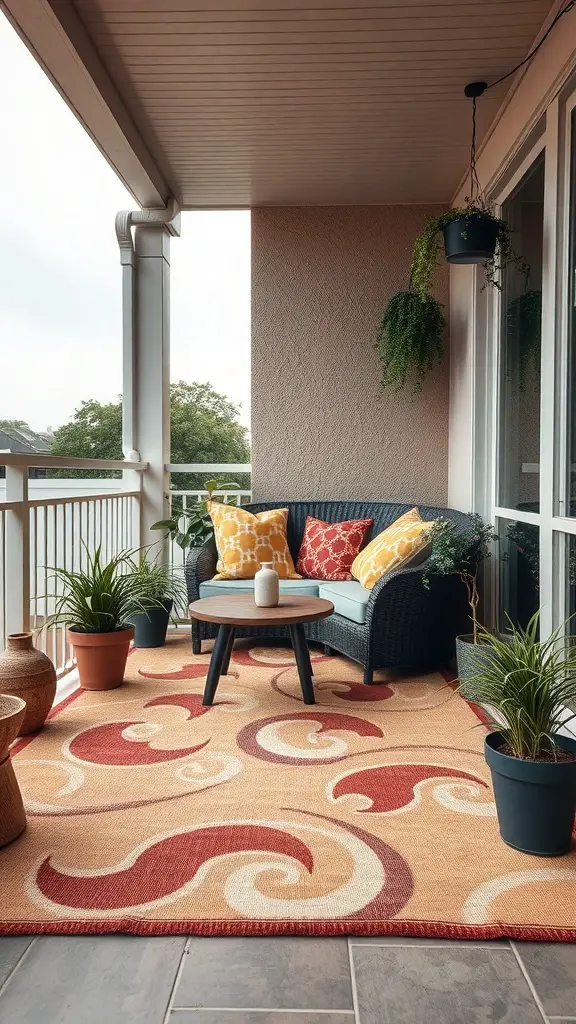 A cozy balcony setup featuring a textured rug, comfortable seating, and potted plants.