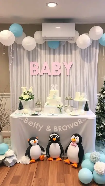 23+ Unique January Baby Shower Themes You’ll Love 10 A baby shower setup featuring penguin decorations, a 'BABY' sign, and a winter-themed table.