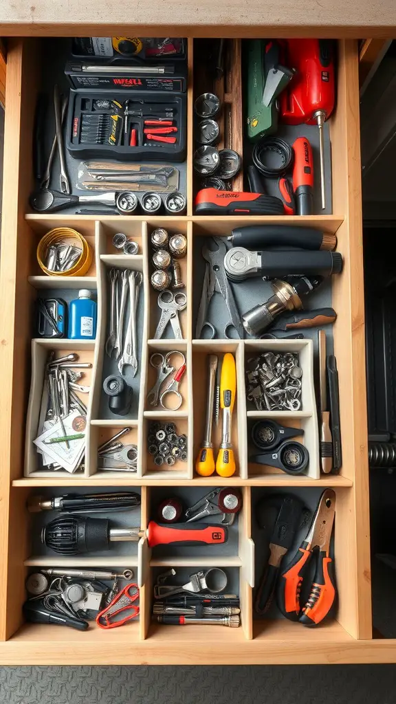 21+ Creative Drawer Organization Ideas for a Clutter-Free Home 16 A well-organized drawer filled with various tools and hardware, neatly arranged in compartments.
