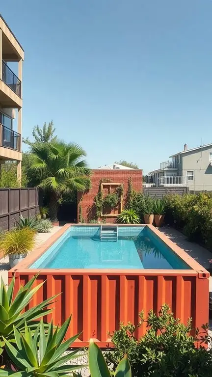 19+ Amazing Homemade Swimming Pools You'll Want to Dive Into 4 A shipping container pool surrounded by greenery and a clear blue sky.