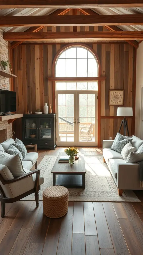 27+ Stunning Pottery Barn Living Room Ideas You’ll Love 3 A modern farmhouse living room with wooden beams, large windows, and cozy furniture.