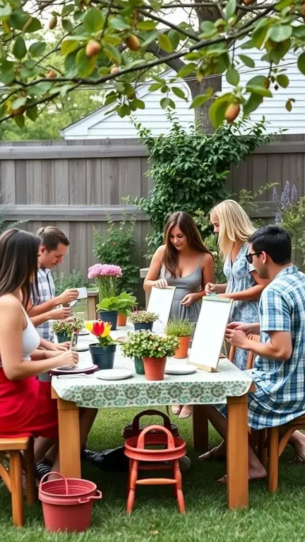 29+ Homegrown Baby Shower Theme Ideas with 15 Must-Have Items 9 A group of people participating in gardening-themed activities at a baby shower, surrounded by plants and pots.