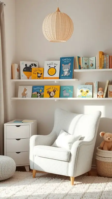 31+ Creative Small Nursery Ideas for Space-Saving Solutions 16 A cozy reading nook in a nursery featuring a comfortable chair, colorful books on shelves, and soft lighting.