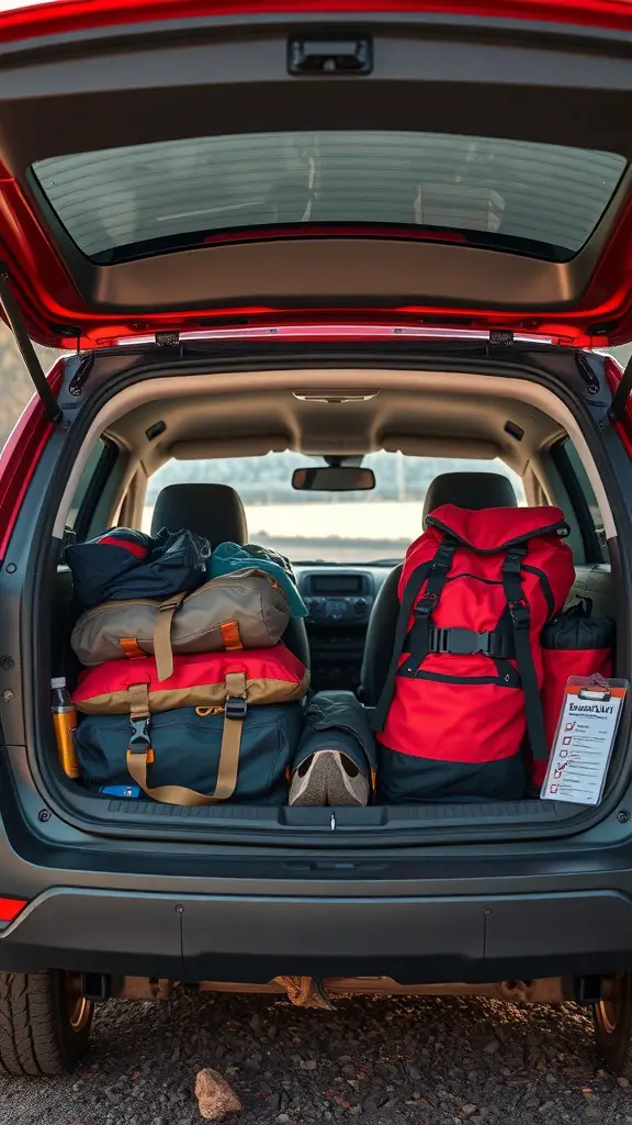 25+ Creative Tent Camping Setup Ideas for Your Next Adventure 11 A car trunk filled with camping gear, including bags and a checklist.