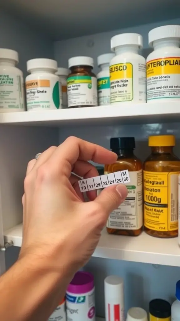 A hand holding a medication bottle in an organized medicine cabinet