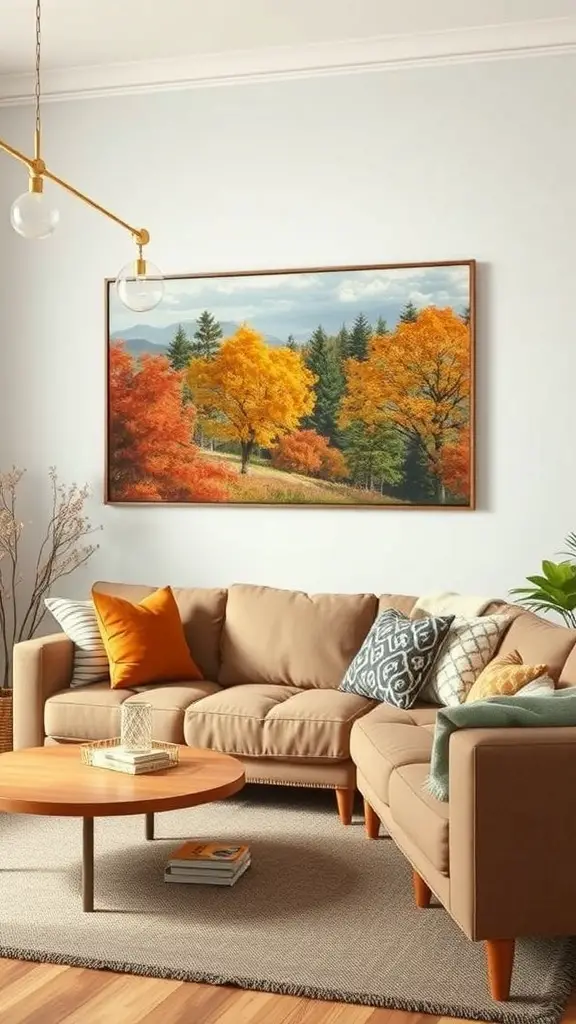 A cozy living room with nature-inspired wall art featuring autumn trees.