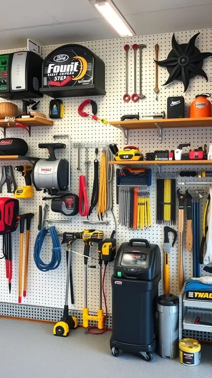 19+ Creative Garage Loft Storage Ideas You Need to Try 7 A well-organized garage wall with various tools and equipment mounted on pegboards and shelves.