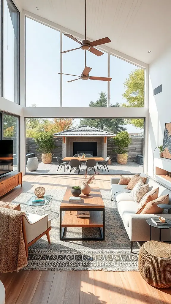 27+ Stunning Pottery Barn Living Room Ideas You’ll Love 5 Bright living room with large windows opening to an outdoor space, featuring natural materials and cozy furniture.