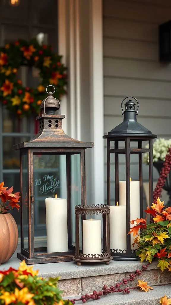 25+ Stunning Fall Front Door Decor Ideas to Transform Your Home 6 Rustic lanterns with candles on a front porch, surrounded by fall decorations