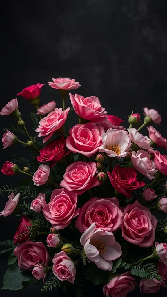 23+ Stunning Pink Halloween Decor Ideas for a Unique Celebration 12 A beautiful arrangement of pink roses and flowers against a dark background.