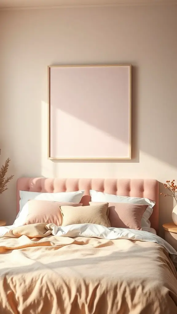 27+ Stunning Beige and Pink Bedroom Ideas for a Cozy Retreat 13 A cozy bedroom featuring a pink headboard, beige bedding, and a light wood-framed artwork with a subtle pink hue.