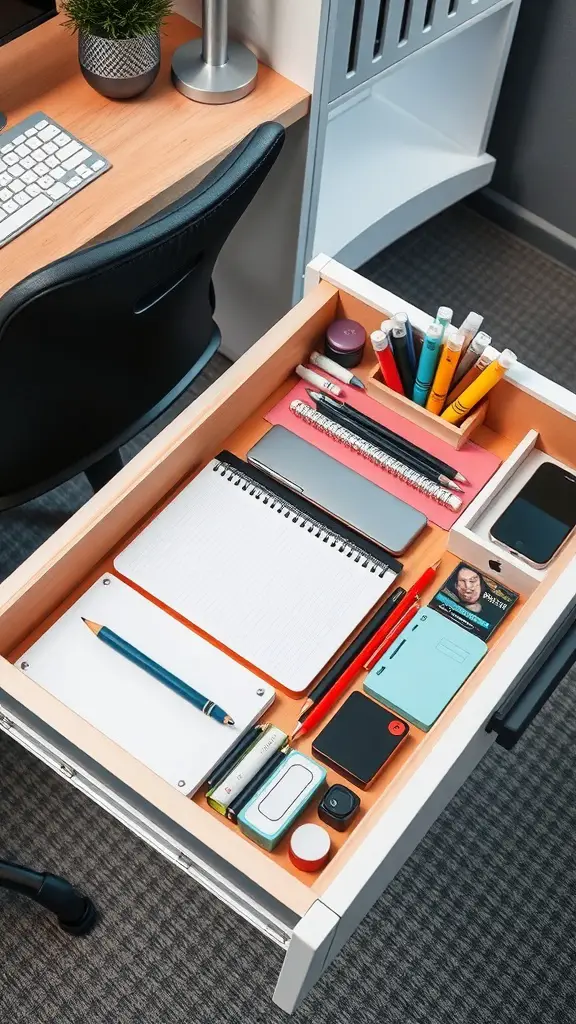 21+ Creative Drawer Organization Ideas for a Clutter-Free Home 10 An organized home office drawer with stationery and office supplies.