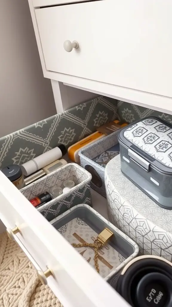 21+ Creative Drawer Organization Ideas for a Clutter-Free Home 9 A neatly organized drawer featuring patterned liners and various storage containers.