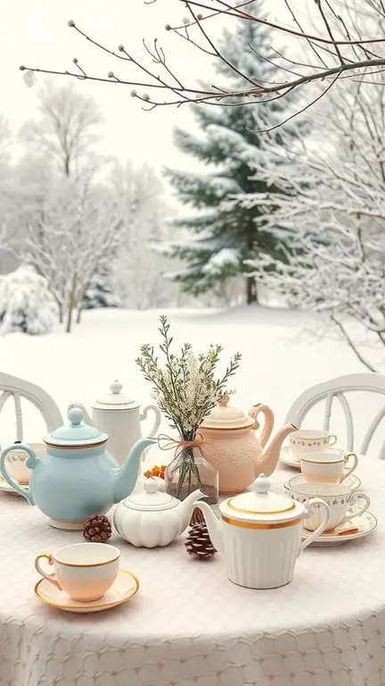 23+ Unique January Baby Shower Themes You’ll Love 9 A beautifully set tea party table in a snowy landscape with teapots, cups, and pinecones.