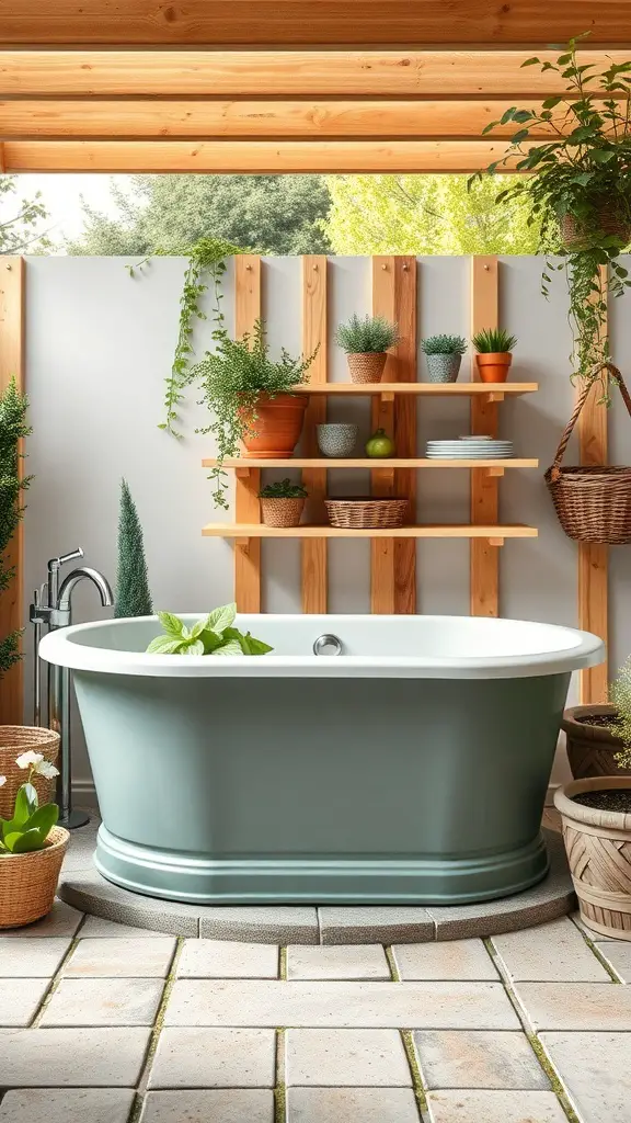 23+ Stunning Ideas for Decorating Your Garden Tub in the Master Bath 19 A garden tub with nearby wooden shelves displaying plants and storage solutions.