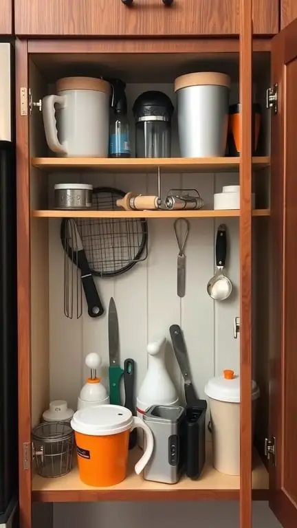 21 Creative Kitchen Appliance Storage Solutions You Need to Try 10 Organized kitchen cabinet with various containers and utensils stored on shelves.