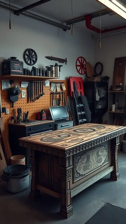 25+ Creative Garage Art Ideas to Transform Your Space 17 A beautifully crafted workbench with intricate designs and tools in a garage setting.