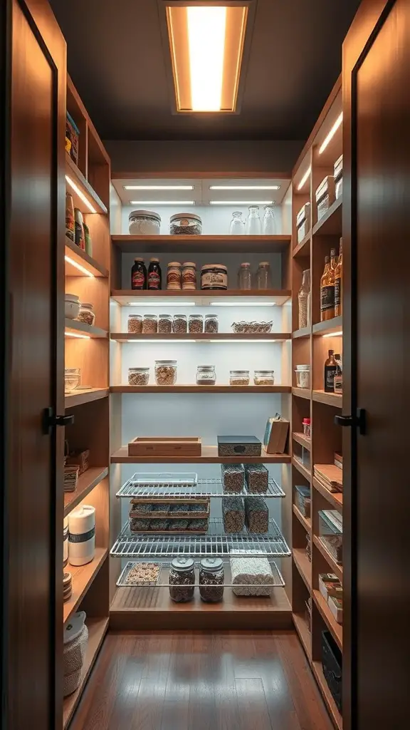 19+ Creative Small Corner Pantry Ideas to Maximize Your Space 13 A well-organized small corner pantry with bright lighting and neatly arranged shelves.